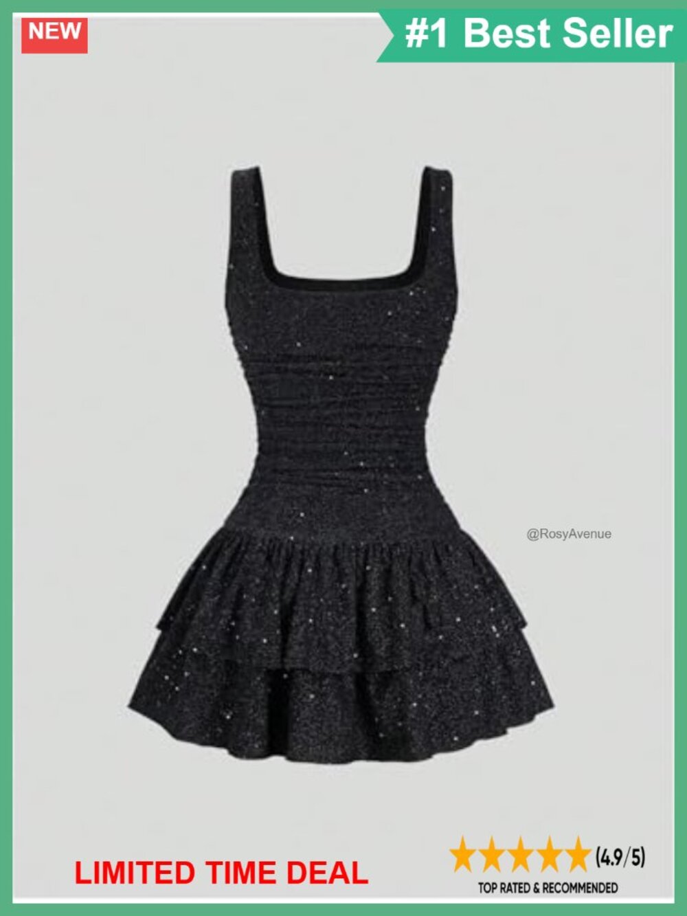 Sparkly Rhinestone Square Neck Ruched Ruffle Mini Tank Dress - Picture 2 of 4